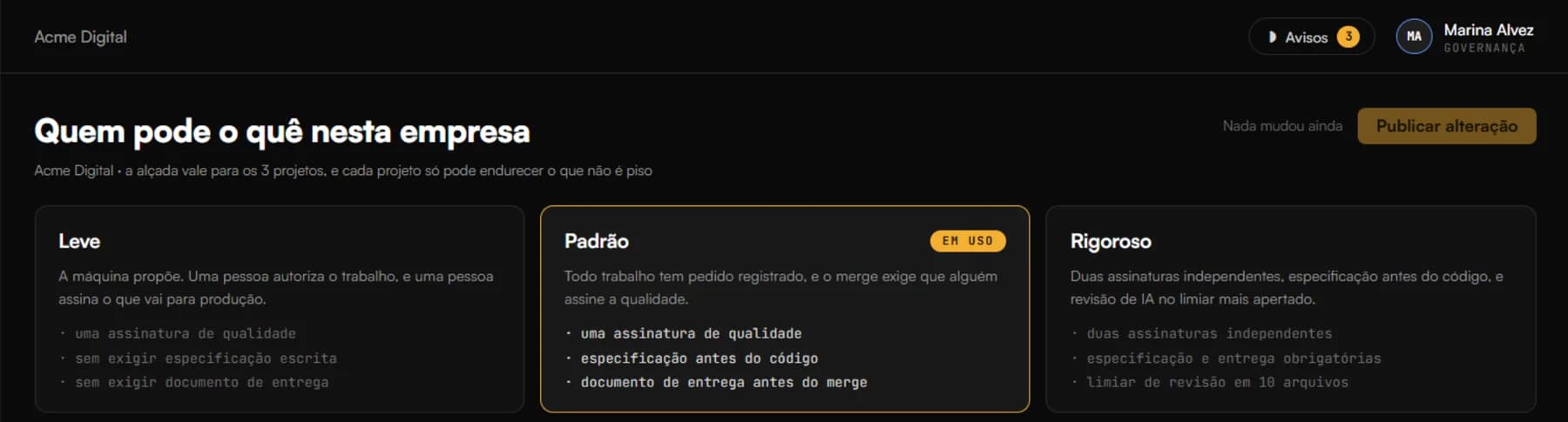 Tela Regras: quem pode o quê nesta empresa, nos níveis Leve, Padrão e Rigoroso